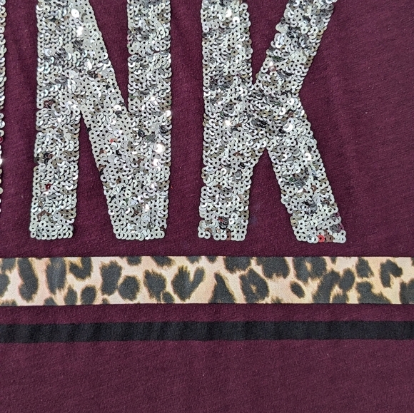 PINK Victoria's Secret Woman Burgundy Long Sleeve Tee T-Shirt Silver Sequins S - Picture 6 of 9
